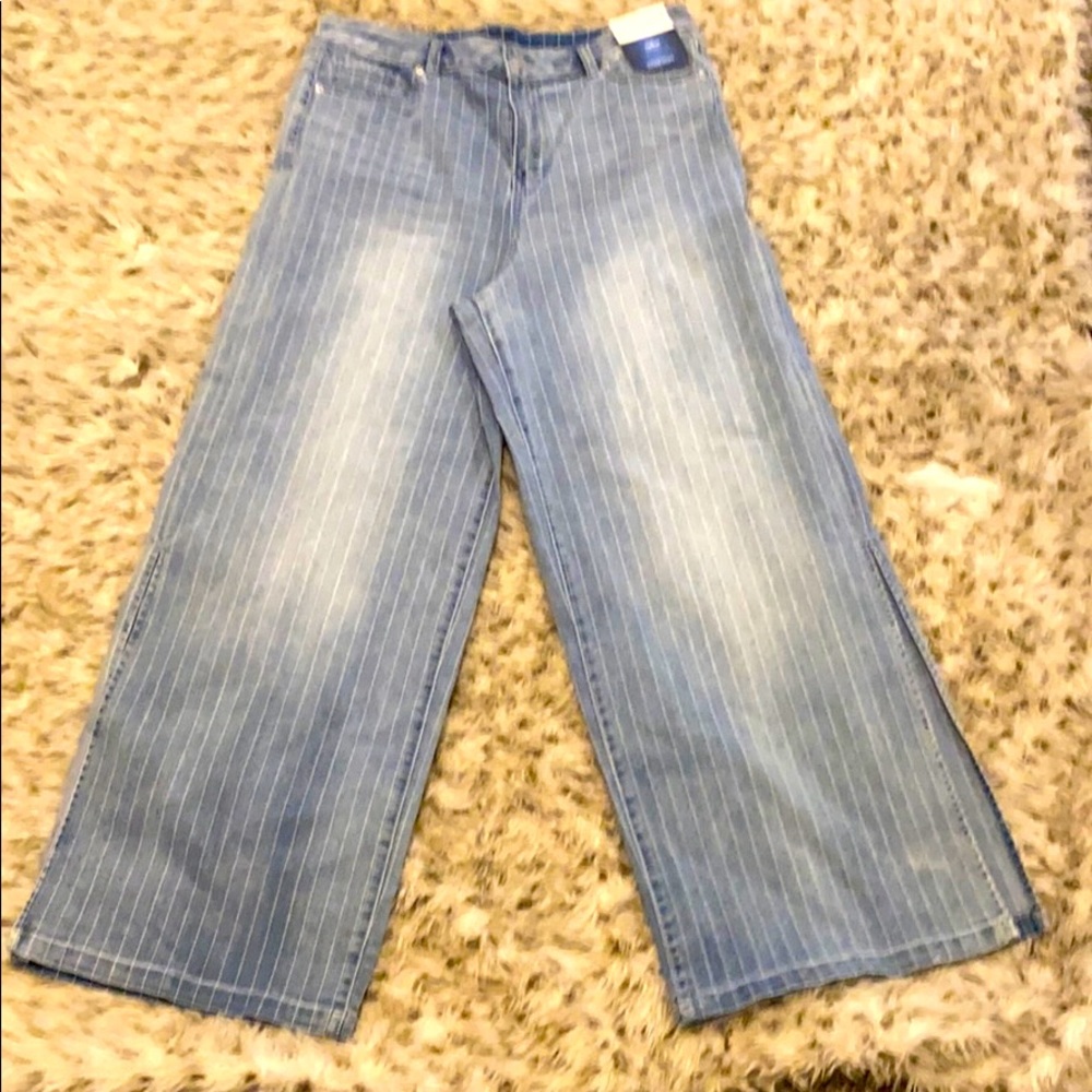 Pinstripe wide leg jeans with split hem